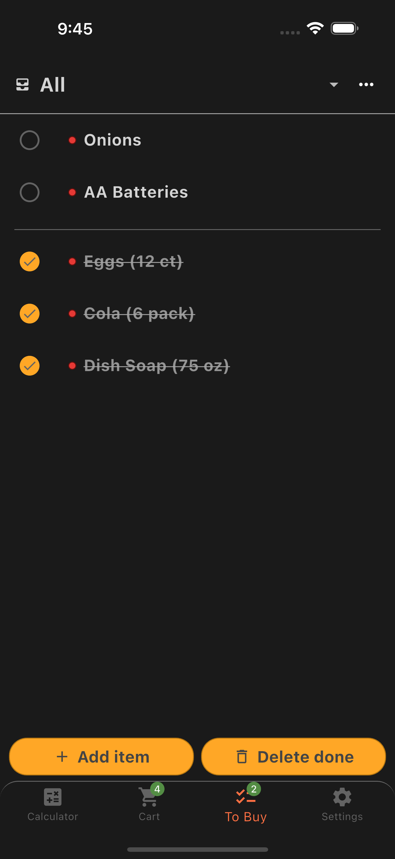 Shopping list with items to buy